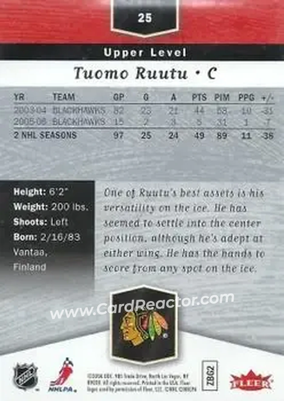2006-07 Flair Showcase #25 - Tuomo Ruutu - Chicago Blackhawks - Back
