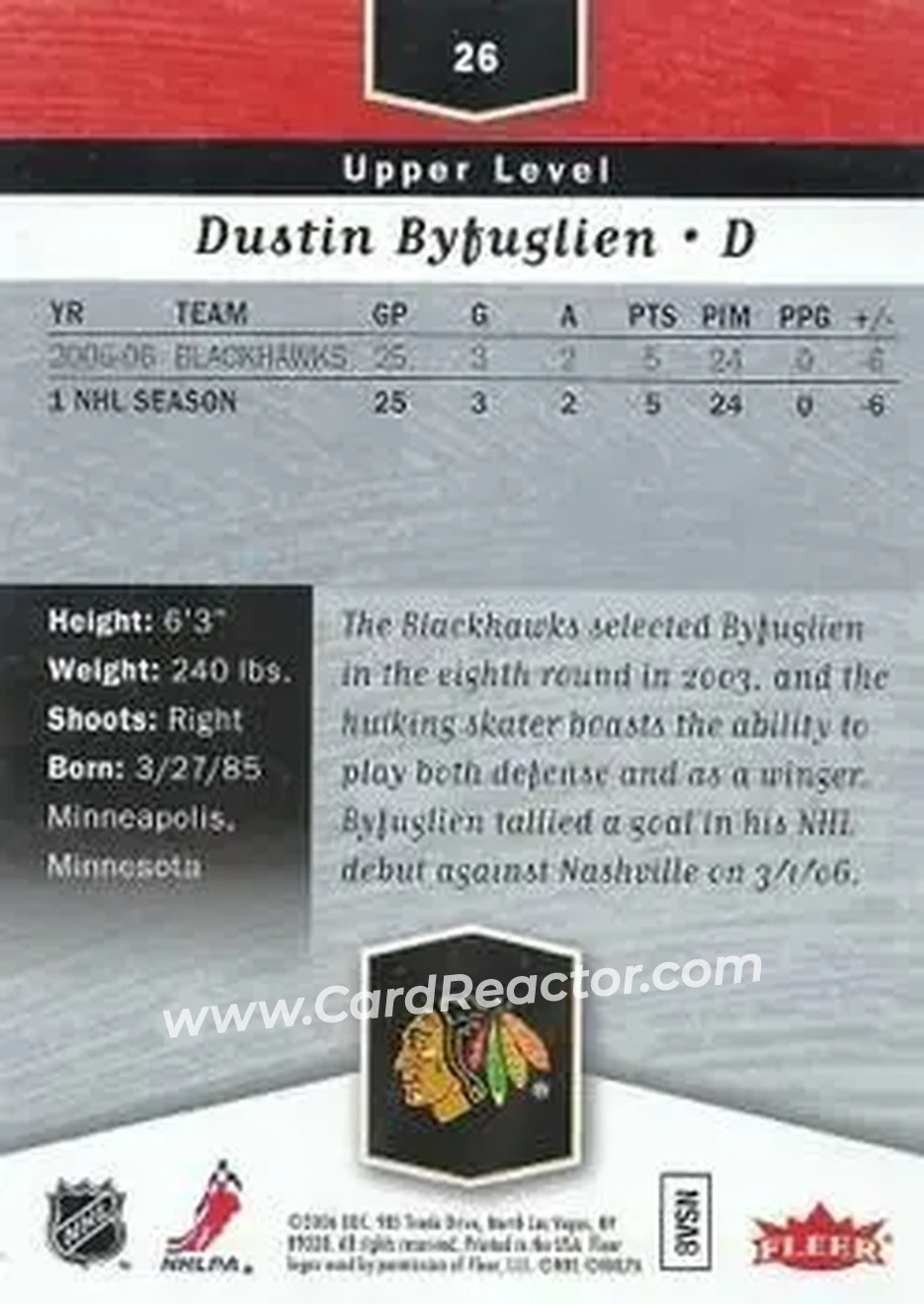 2006-07 Flair Showcase #26 - Dustin Byfuglien - Chicago Blackhawks - Back