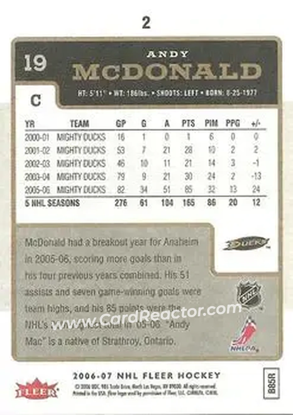 2006-07 Fleer #2 - Andy McDonald - Anaheim Ducks - Back