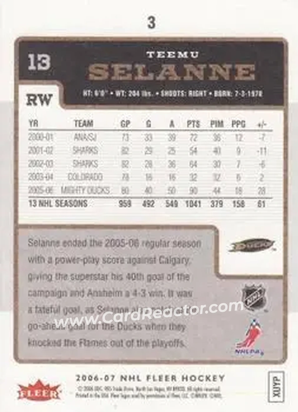 2006-07 Fleer #3 - Teemu Selanne - Anaheim Ducks - Back