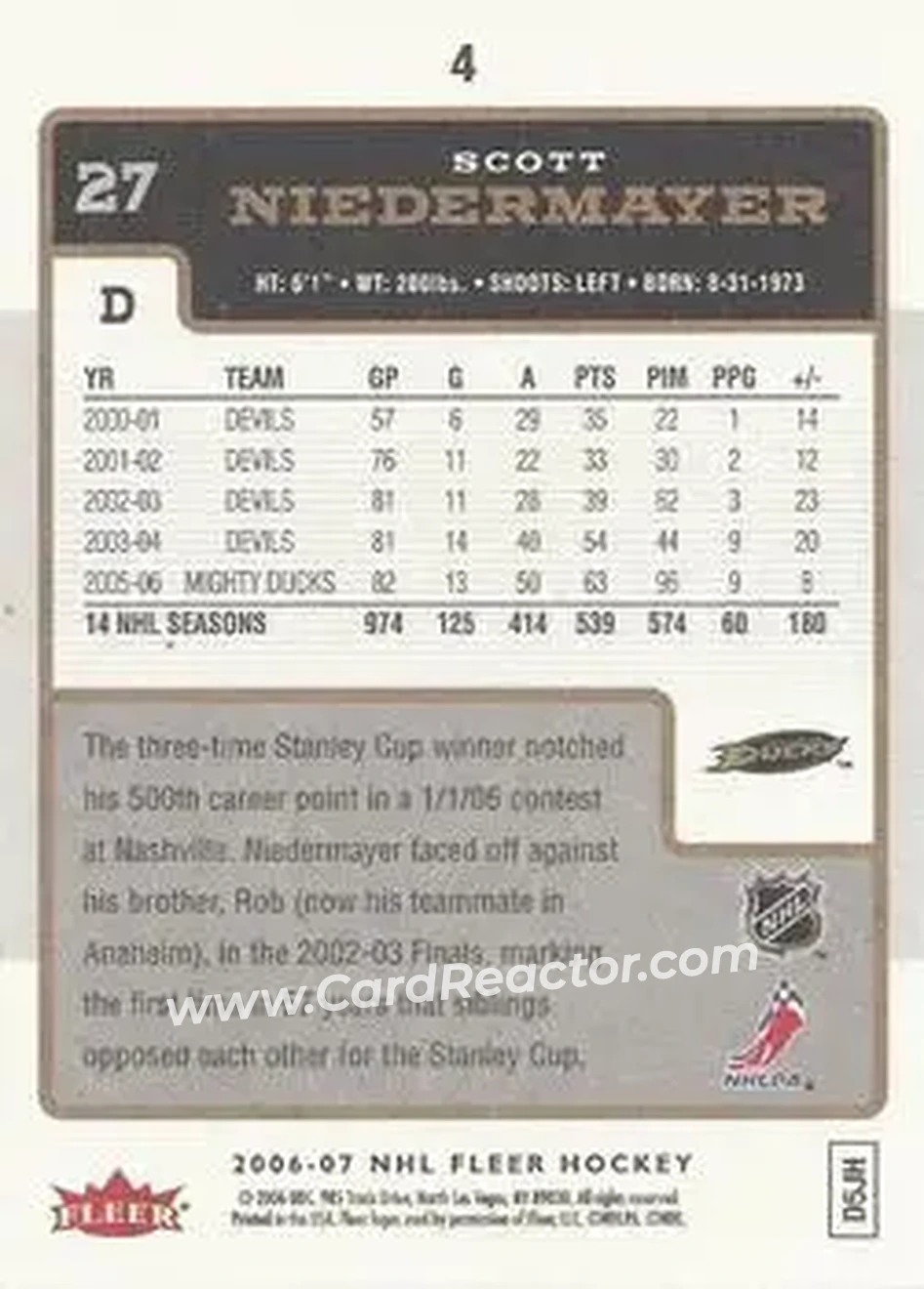2006-07 Fleer #4 - Scott Niedermayer - Anaheim Ducks - Back