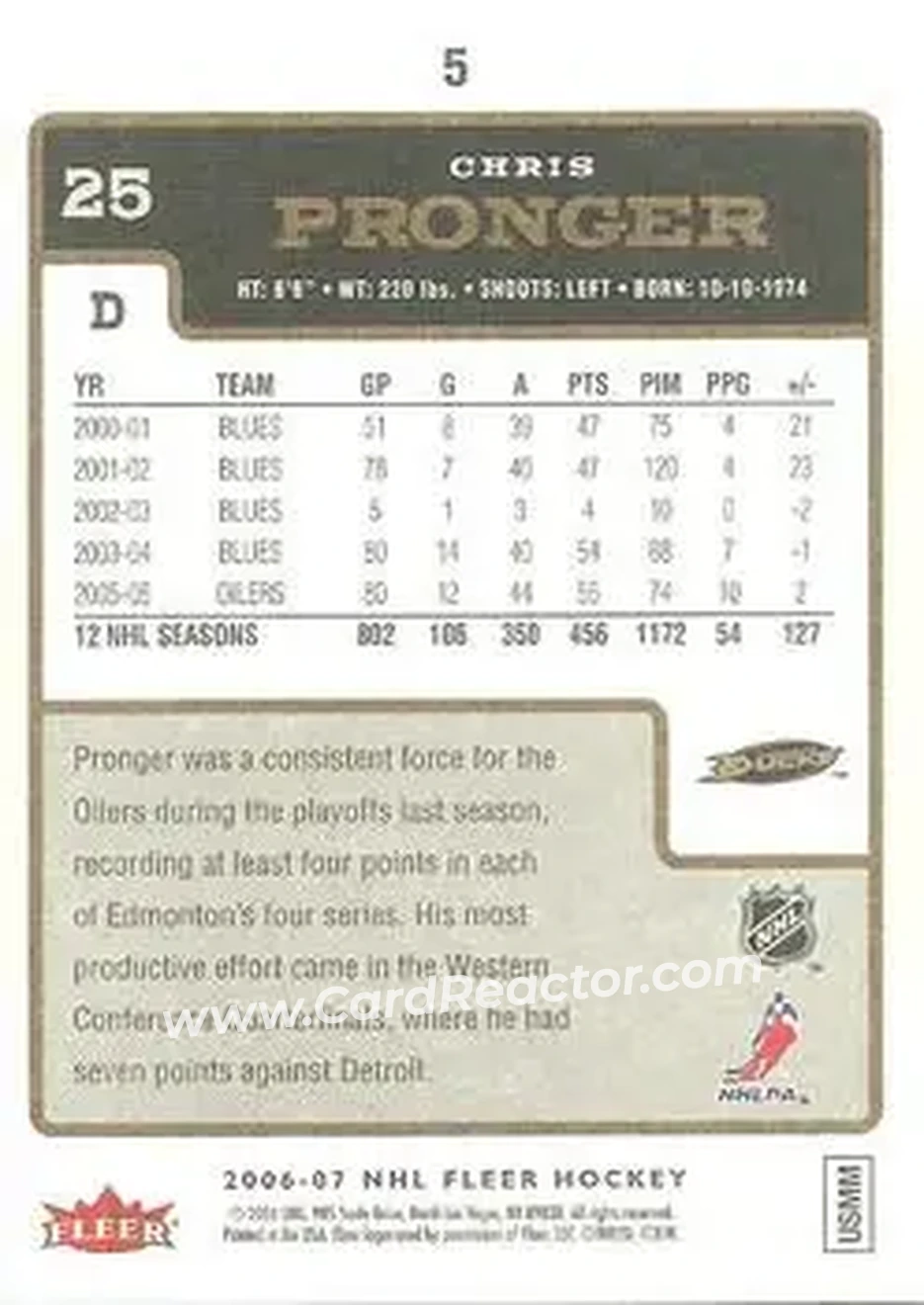 2006-07 Fleer #5 - Chris Pronger - Anaheim Ducks - Back