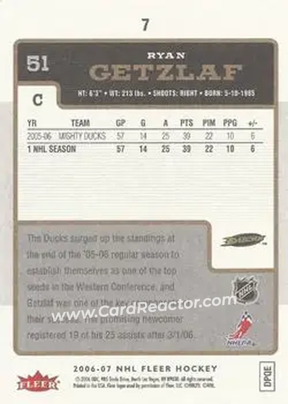 2006-07 Fleer #7 - Ryan Getzlaf - Anaheim Ducks - Back