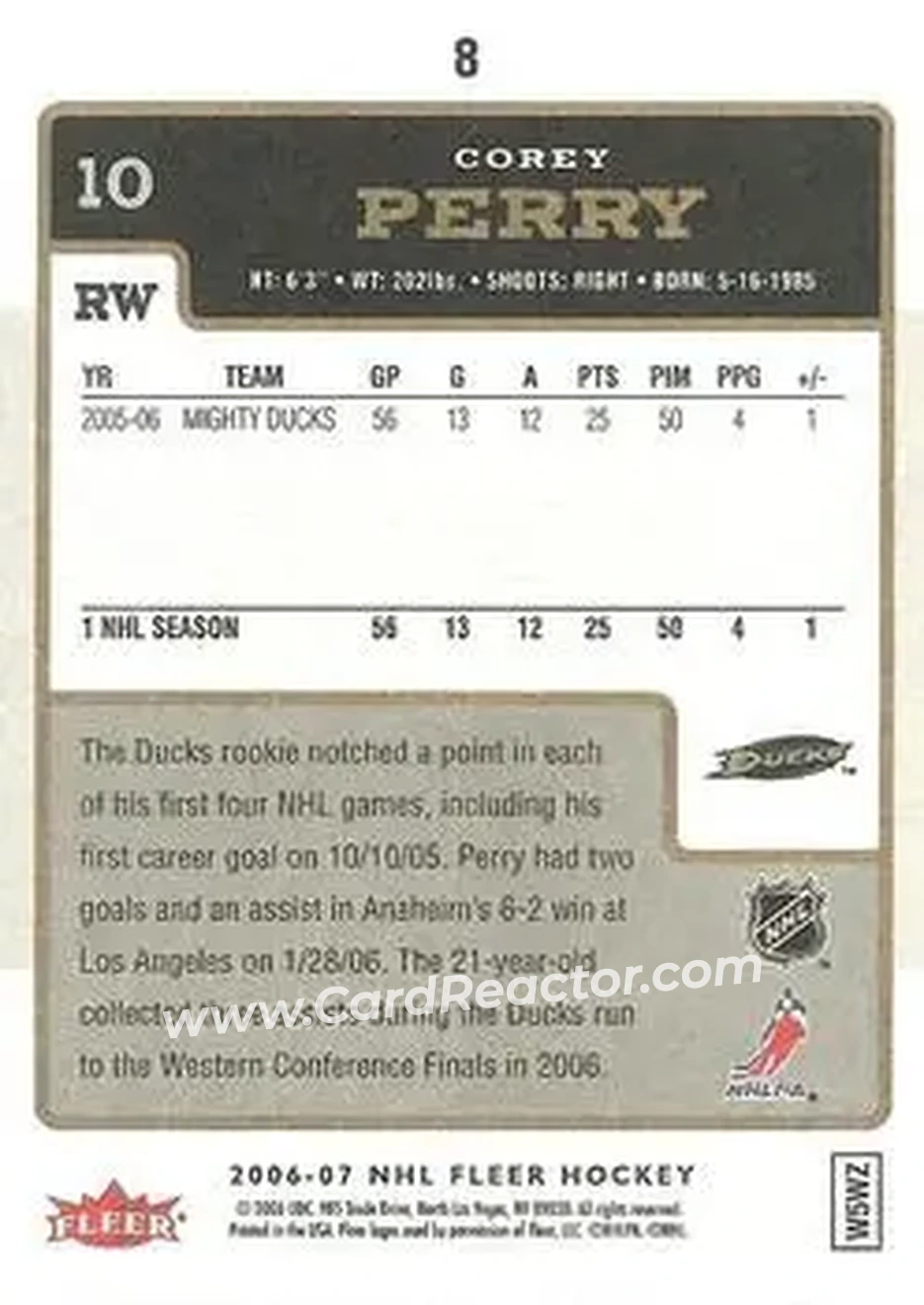 2006-07 Fleer #8 - Corey Perry - Anaheim Ducks - Back