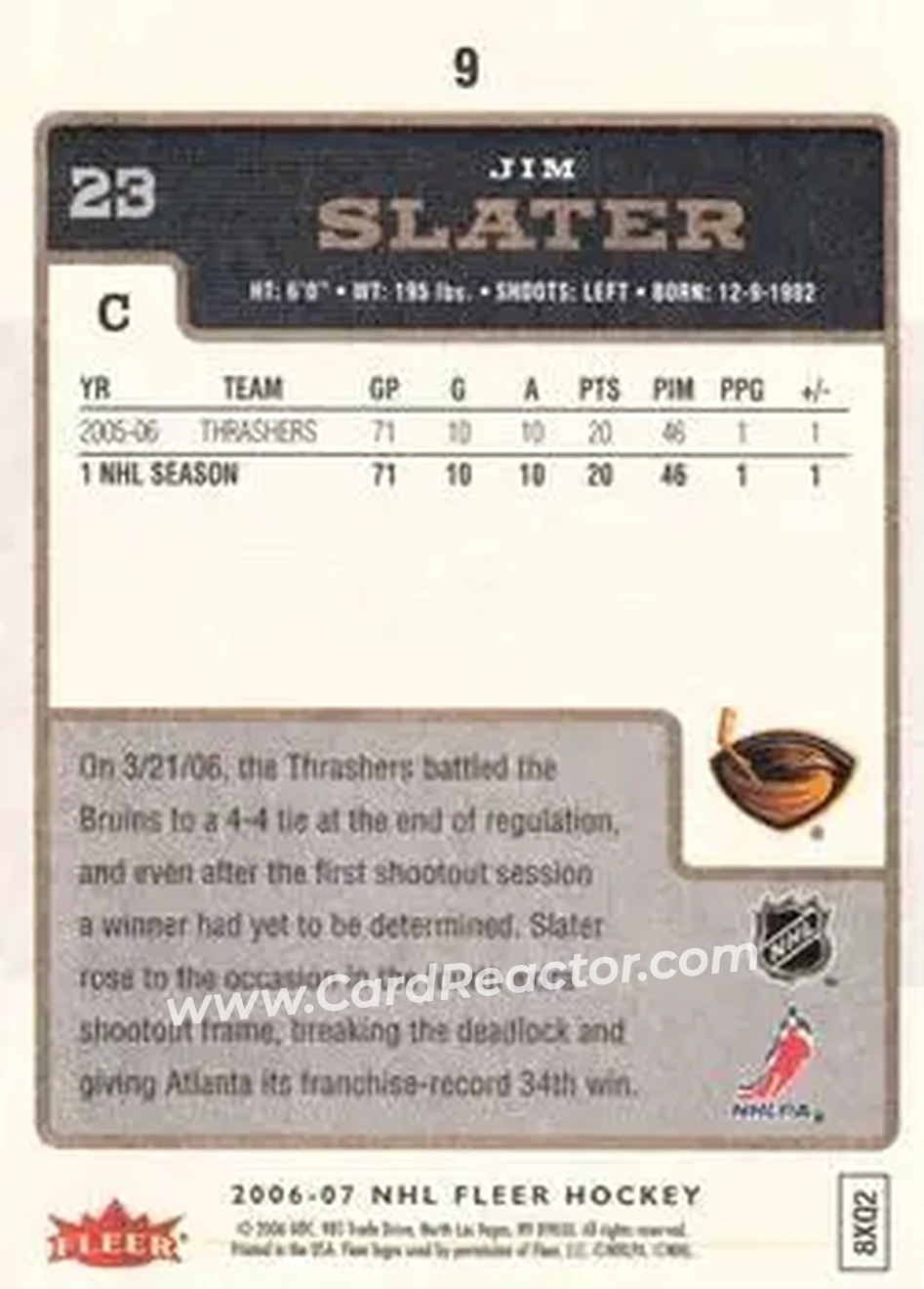 2006-07 Fleer #9 - Jim Slater - Atlanta Thrashers - Back
