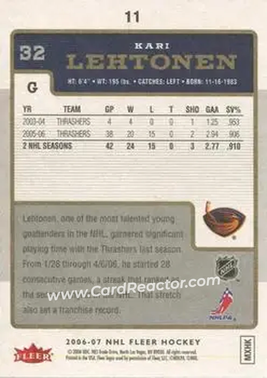 2006-07 Fleer #11 - Kari Lehtonen - Atlanta Thrashers - Back
