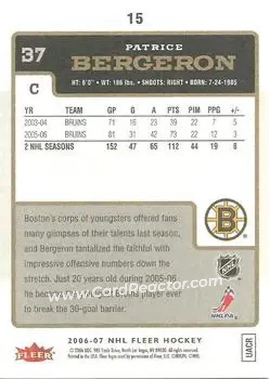 2006-07 Fleer #15 - Patrice Bergeron - Boston Bruins - Back