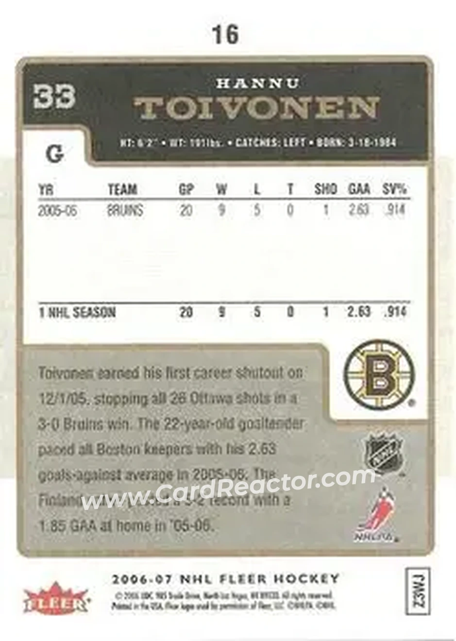2006-07 Fleer #16 - Hannu Toivonen - Boston Bruins - Back