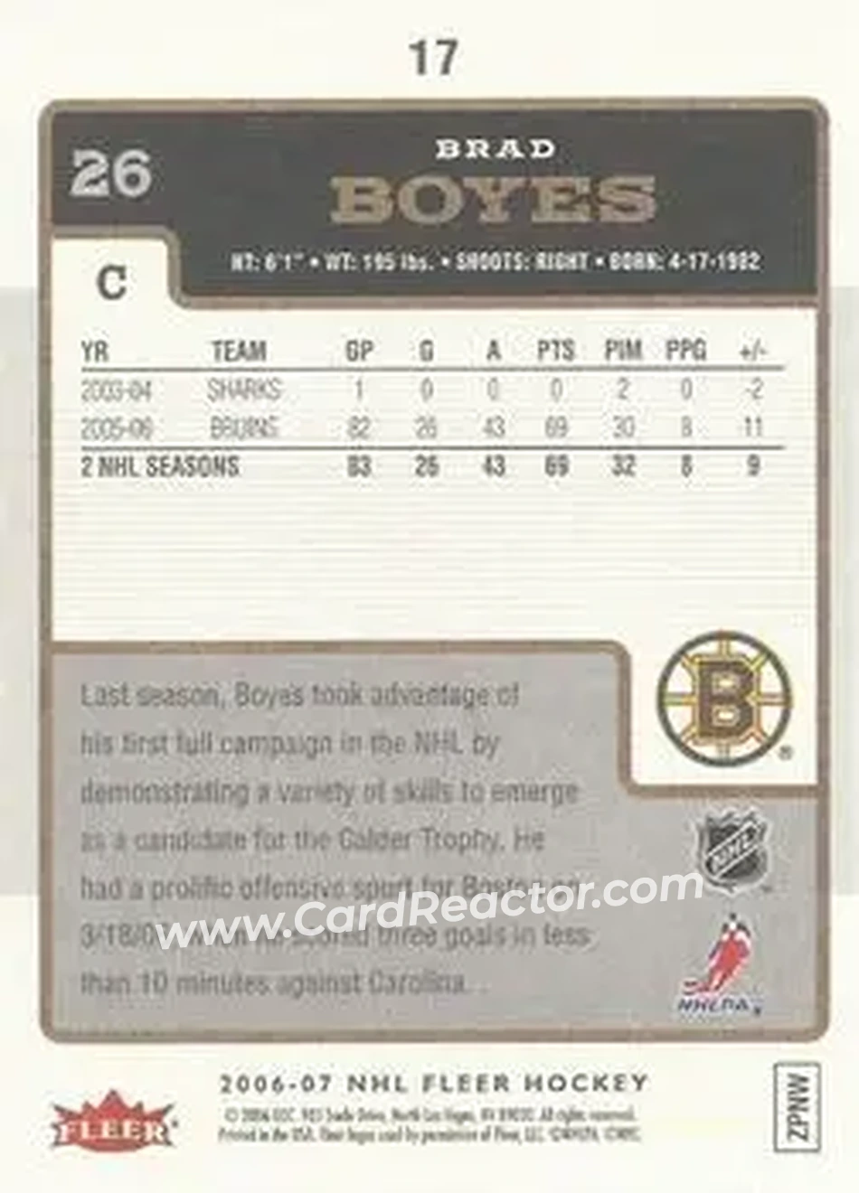 2006-07 Fleer #17 - Brad Boyes - Boston Bruins - Back