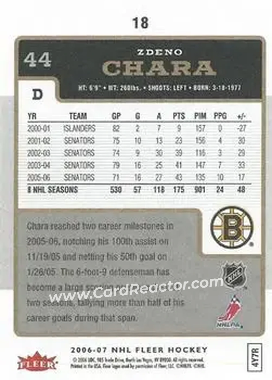 2006-07 Fleer #18 - Zdeno Chara - Boston Bruins - Back