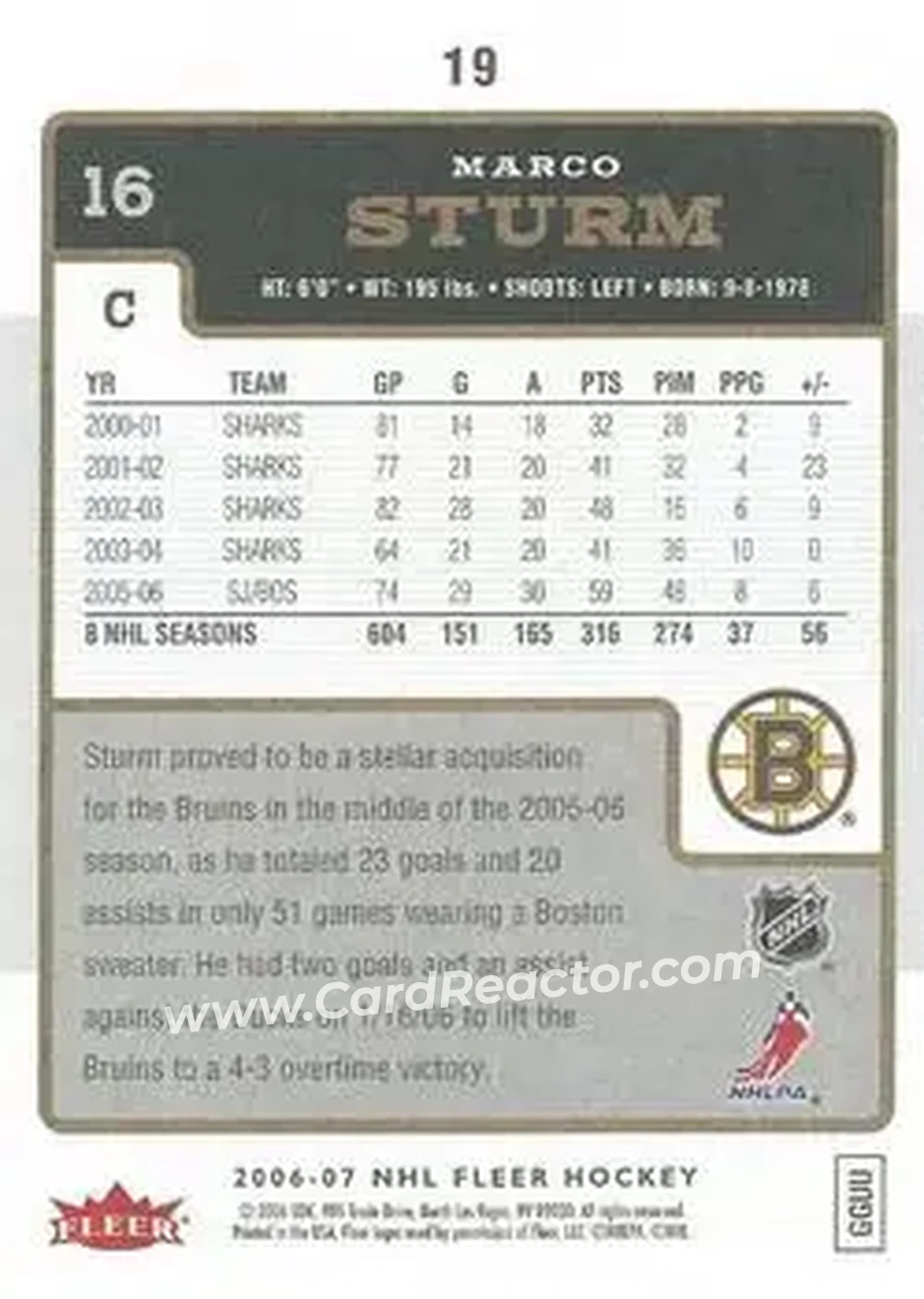 2006-07 Fleer #19 - Marco Sturm - Boston Bruins - Back
