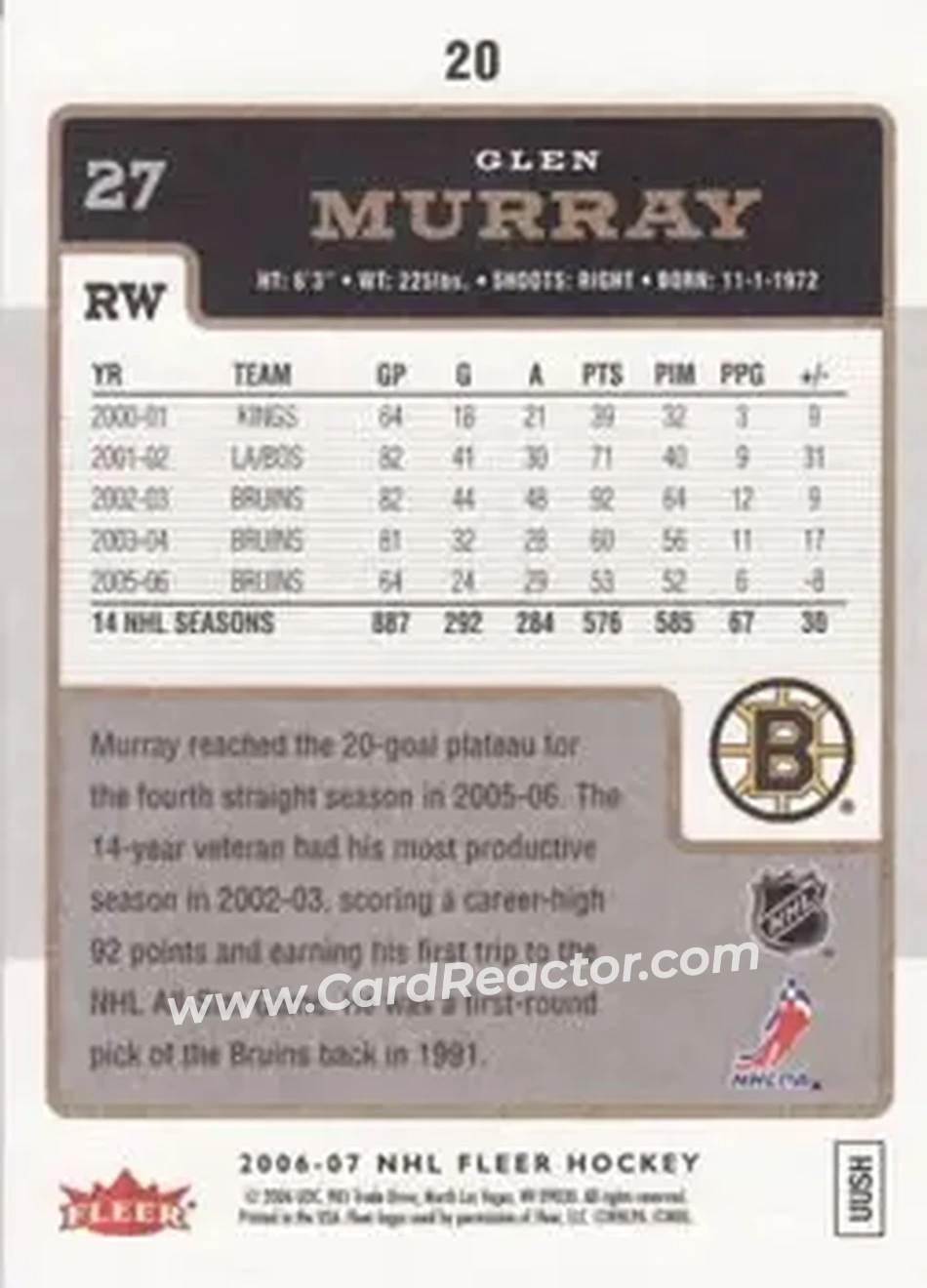 2006-07 Fleer #20 - Glen Murray - Boston Bruins - Back