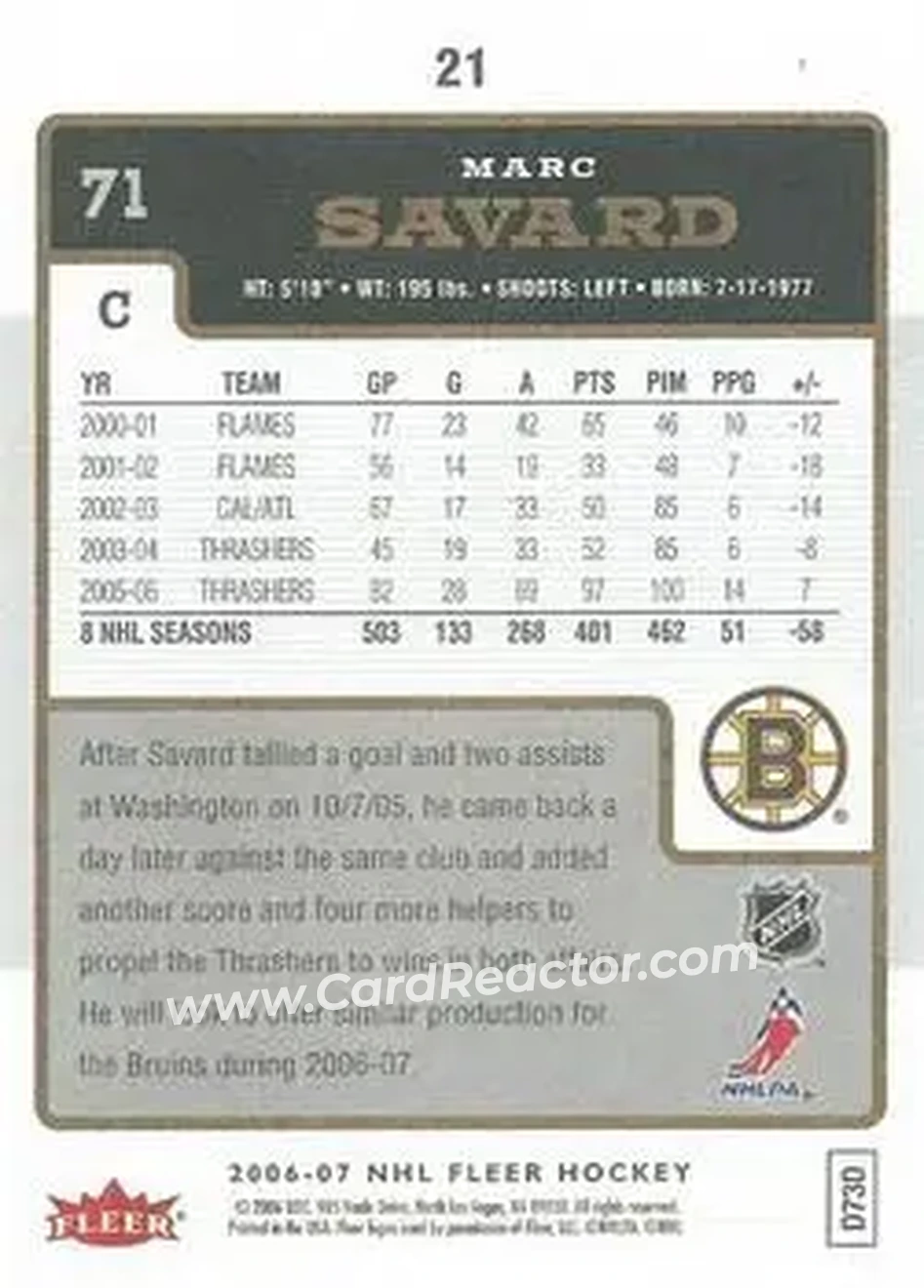 2006-07 Fleer #21 - Marc Savard - Boston Bruins - Back