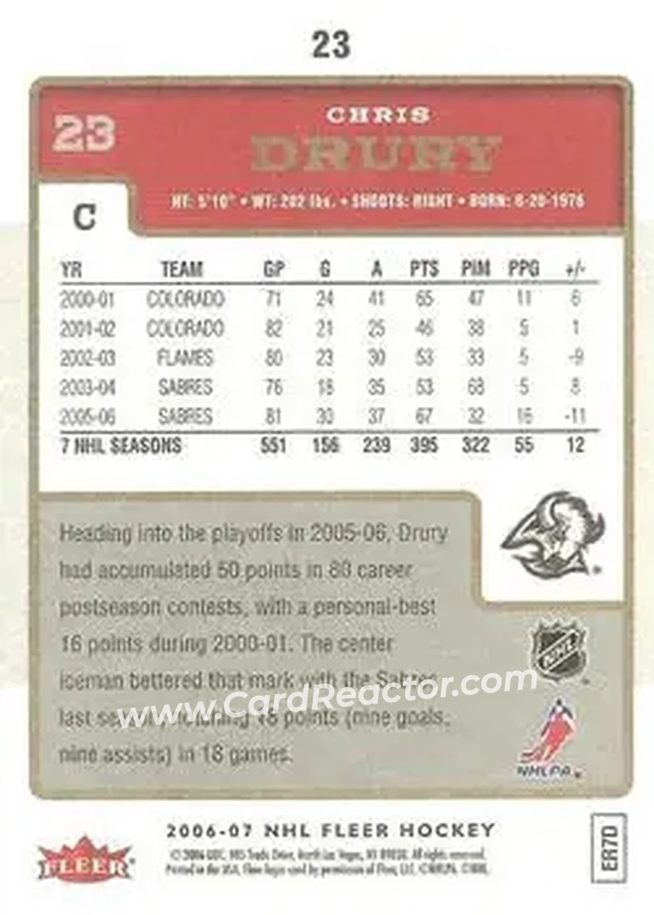 2006-07 Fleer #23 - Chris Drury - Buffalo Sabres - Back