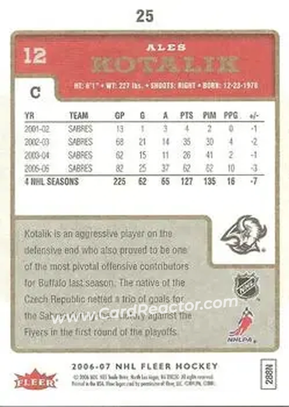 2006-07 Fleer #25 - Ales Kotalik - Buffalo Sabres - Back