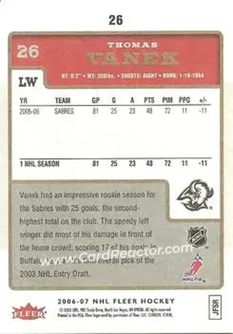 2006-07 Fleer #26 - Thomas Vanek - Buffalo Sabres - Back