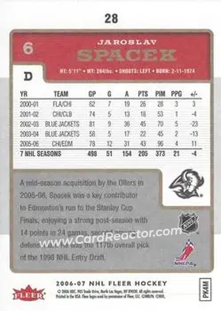 2006-07 Fleer #28 - Jaroslav Spacek - Buffalo Sabres - Back