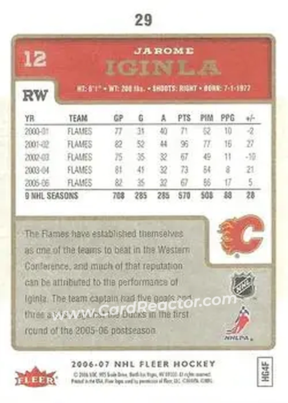 2006-07 Fleer #29 - Jarome Iginla - Calgary Flames - Back