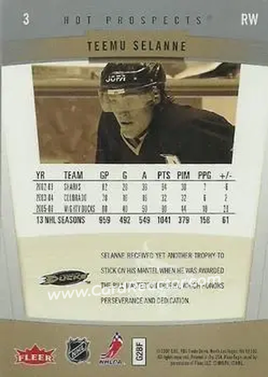 2006-07 Fleer Hot Prospects #3 - Teemu Selanne - Anaheim Ducks - Back 2006-07 Fleer Hot Prospects #3 - Teemu Selanne - Anaheim Ducks - Back
