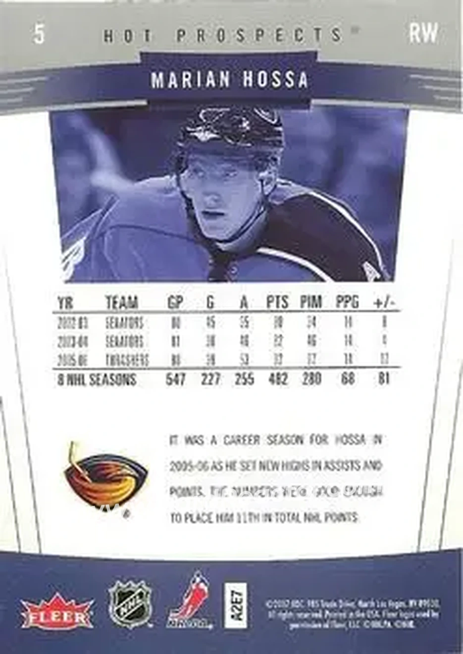 2006-07 Fleer Hot Prospects #5 - Marian Hossa - Atlanta Thrashers - Back