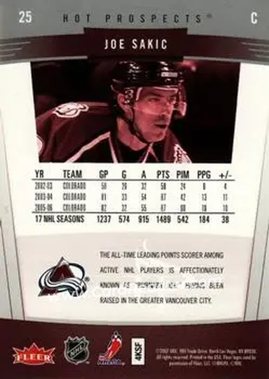 2006-07 Fleer Hot Prospects #25 - Joe Sakic - Colorado Avalanche - Back