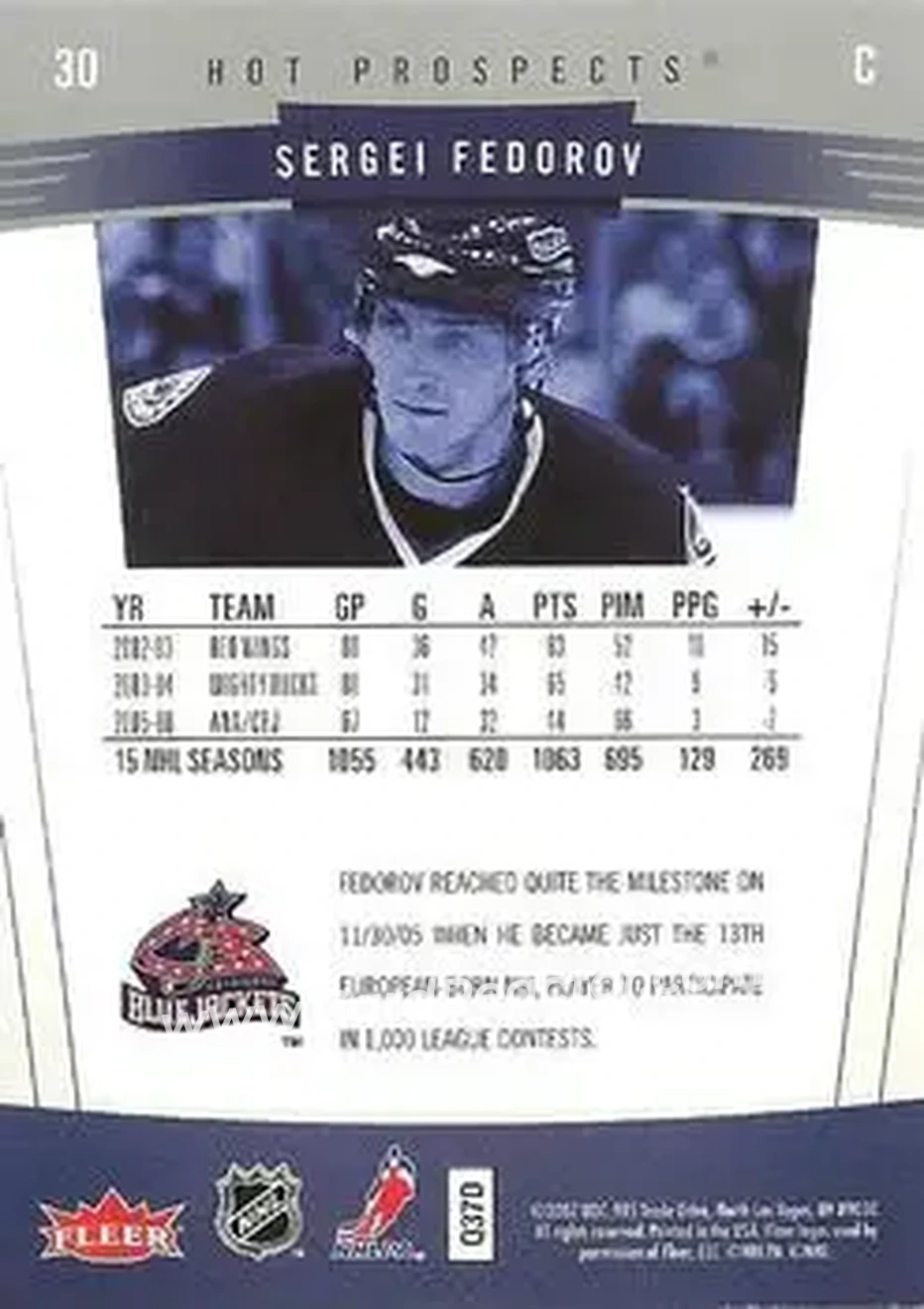 2006-07 Fleer Hot Prospects #30 - Sergei Fedorov - Columbus Blue Jackets - Back