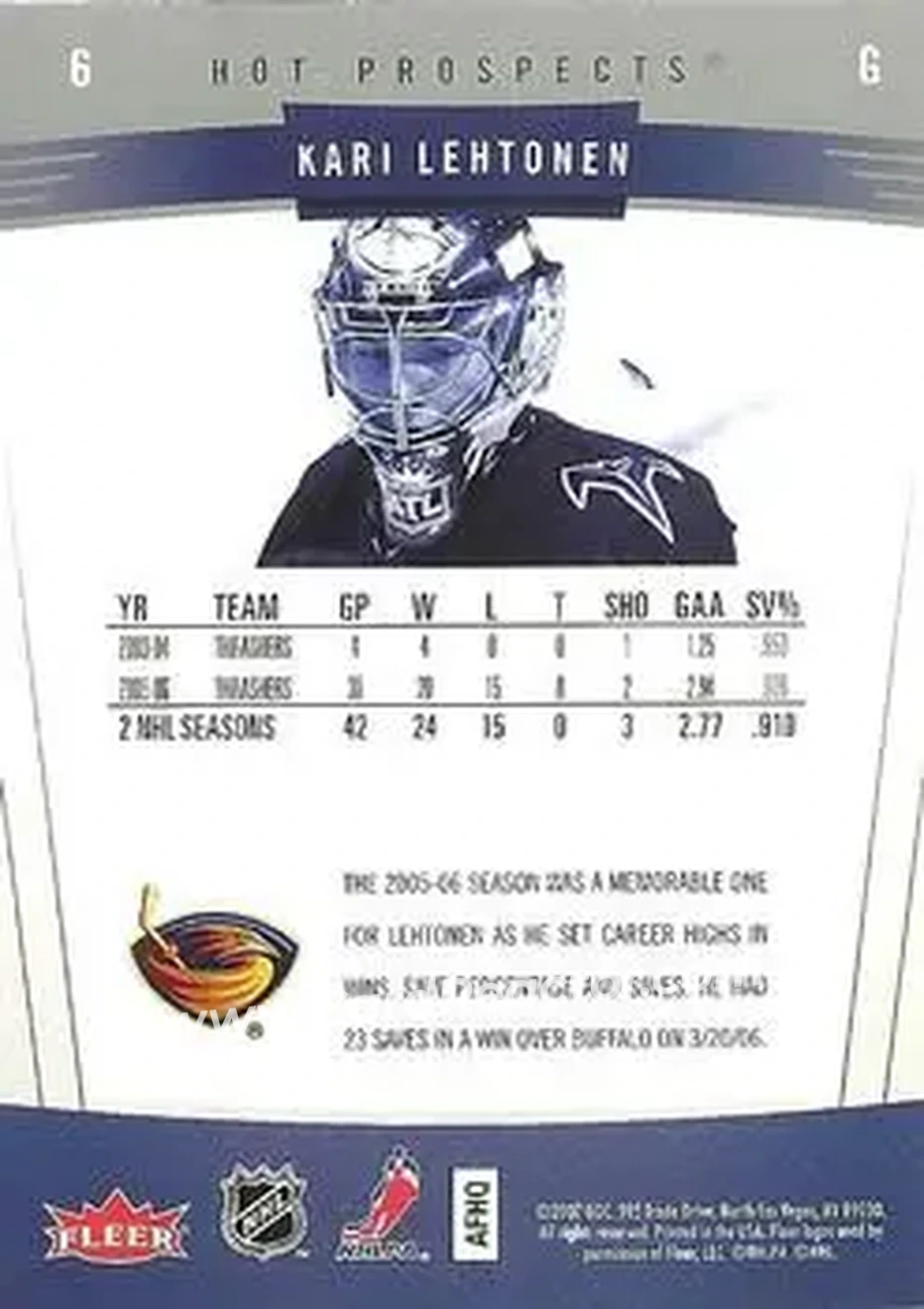 2006-07 Fleer Hot Prospects #6 - Kari Lehtonen - Atlanta Thrashers - Back