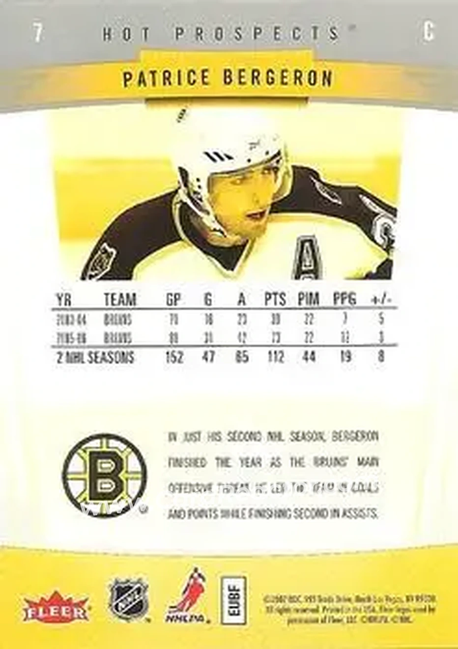 2006-07 Fleer Hot Prospects #7 - Patrice Bergeron - Boston Bruins - Back