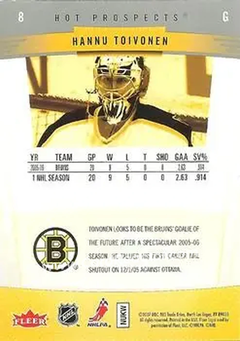 2006-07 Fleer Hot Prospects #8 - Hannu Toivonen - Boston Bruins - Back