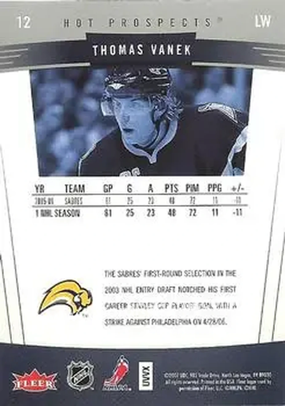2006-07 Fleer Hot Prospects #12 - Thomas Vanek - Buffalo Sabres - Back