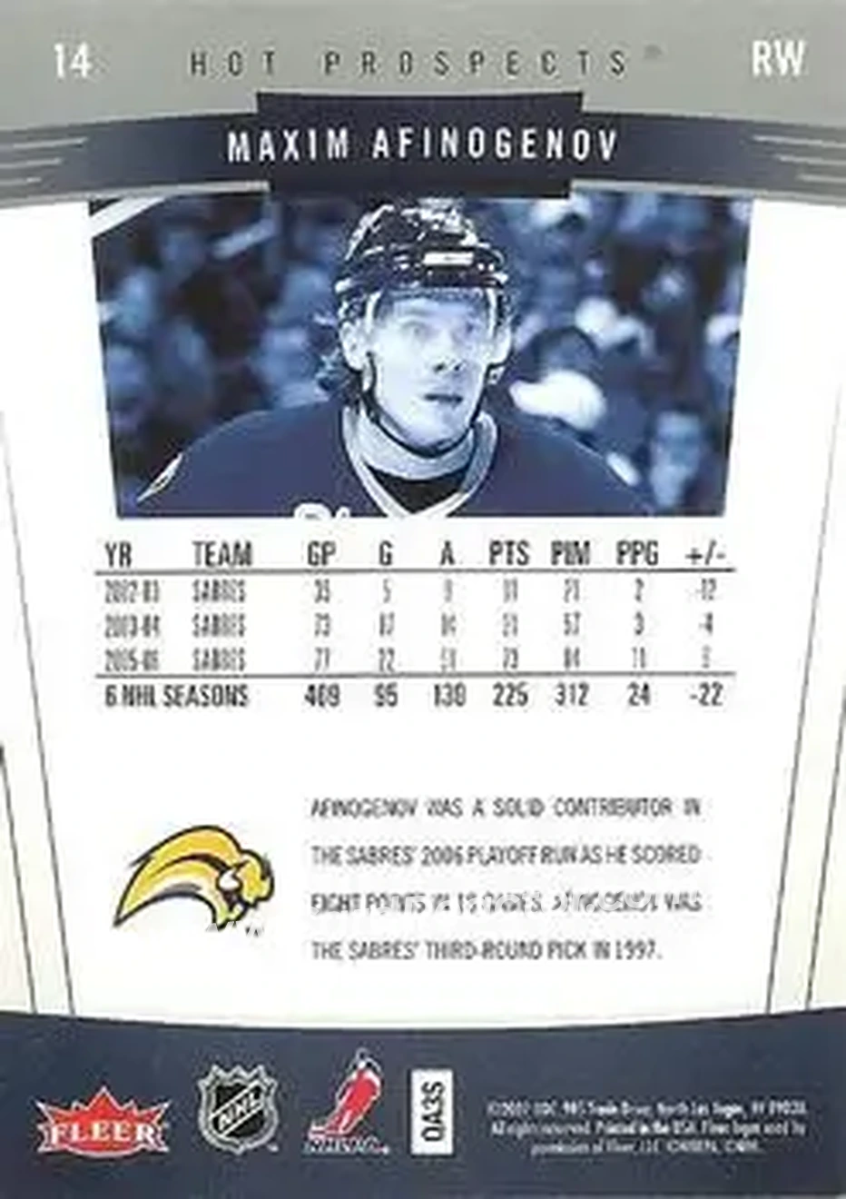 2006-07 Fleer Hot Prospects #14 - Maxim Afinogenov - Buffalo Sabres - Back