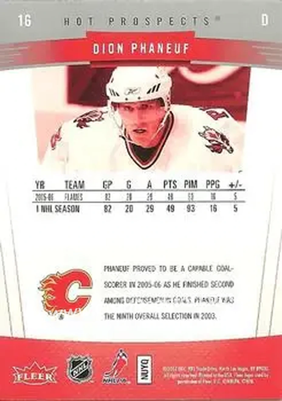 2006-07 Fleer Hot Prospects #16 - Dion Phaneuf - Calgary Flames - Back