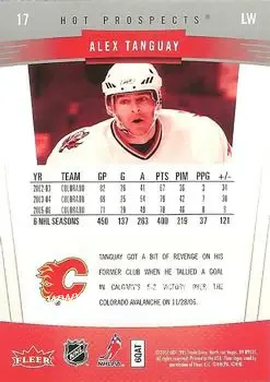 2006-07 Fleer Hot Prospects #17 - Alex Tanguay - Calgary Flames - Back