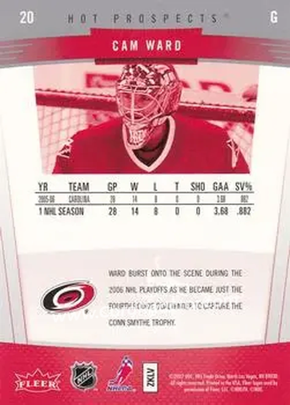 2006-07 Fleer Hot Prospects #20 - Cam Ward - Carolina Hurricanes - Back
