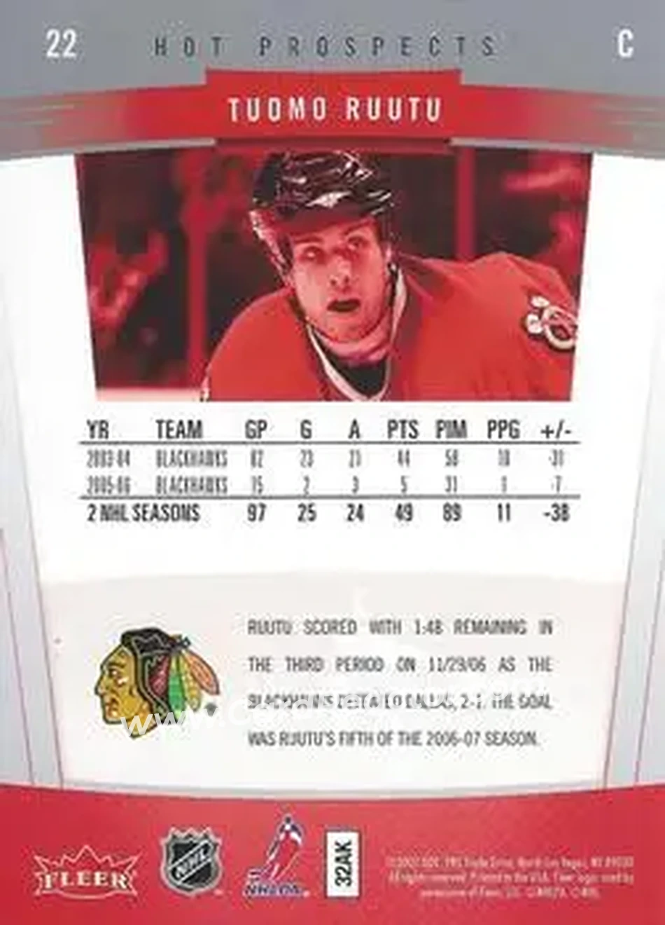 2006-07 Fleer Hot Prospects #22 - Tuomo Ruutu - Chicago Blackhawks - Back 2006-07 Fleer Hot Prospects #22 - Tuomo Ruutu - Chicago Blackhawks - Back