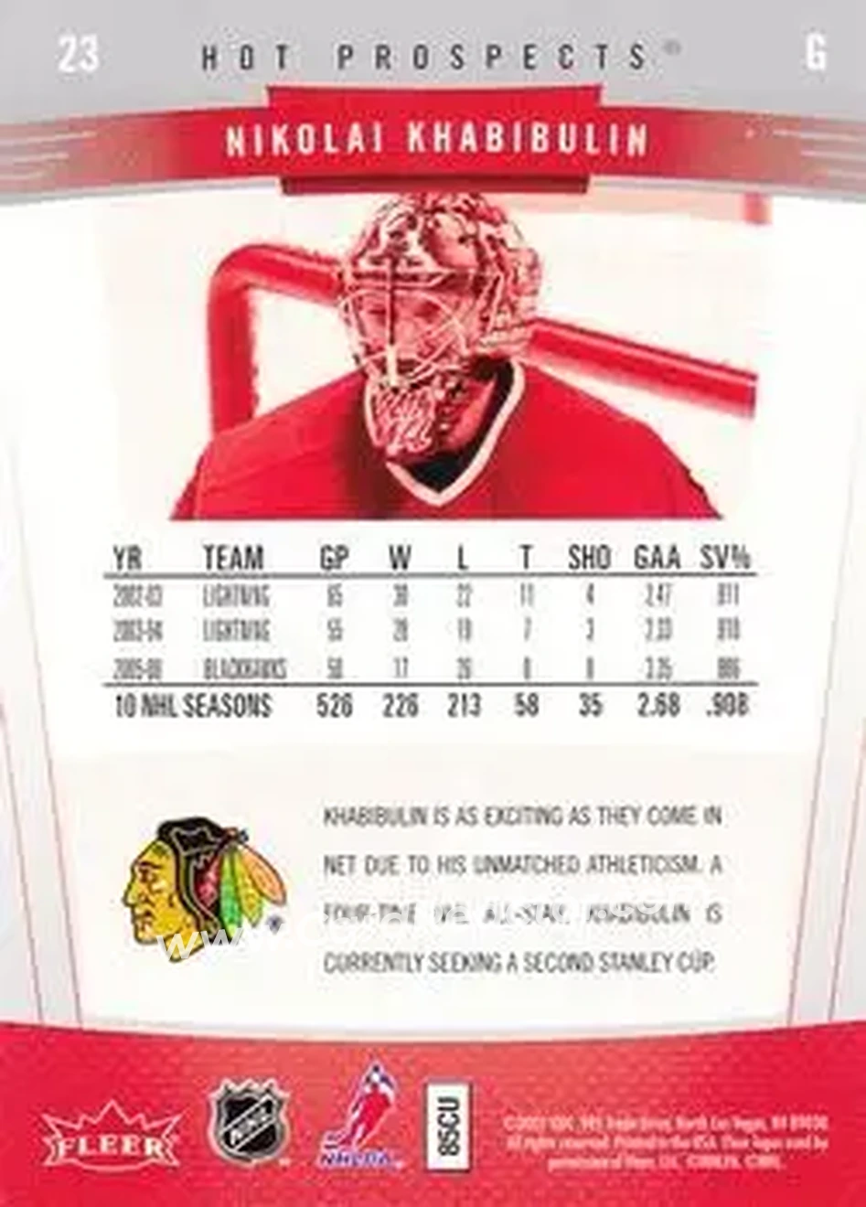 2006-07 Fleer Hot Prospects #23 - Nikolai Khabibulin - Chicago Blackhawks - Back 2006-07 Fleer Hot Prospects #23 - Nikolai Khabibulin - Chicago Blackhawks - Back