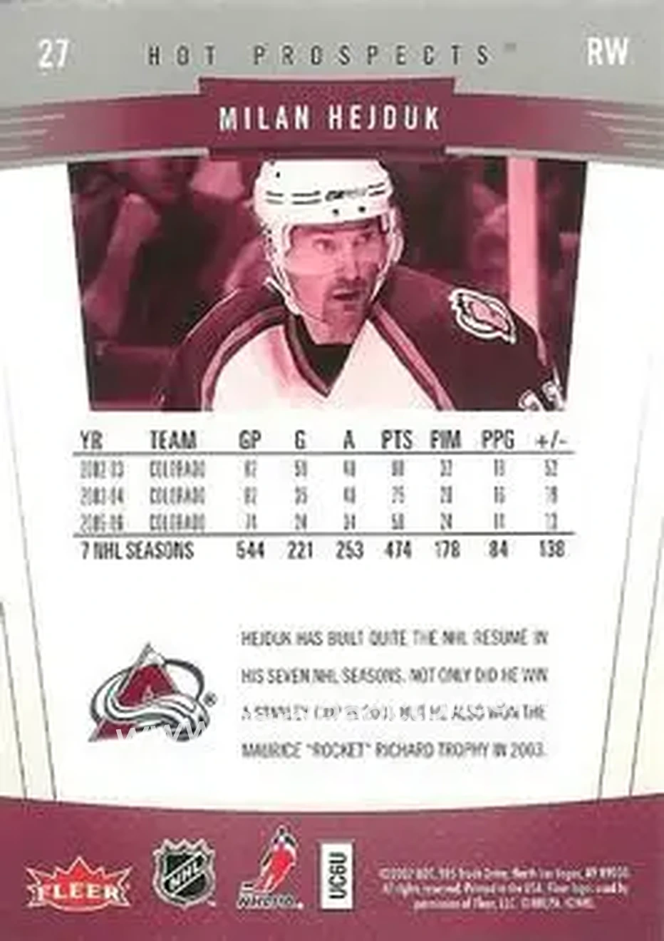 2006-07 Fleer Hot Prospects #27 - Milan Hejduk - Colorado Avalanche - Back 2006-07 Fleer Hot Prospects #27 - Milan Hejduk - Colorado Avalanche - Back