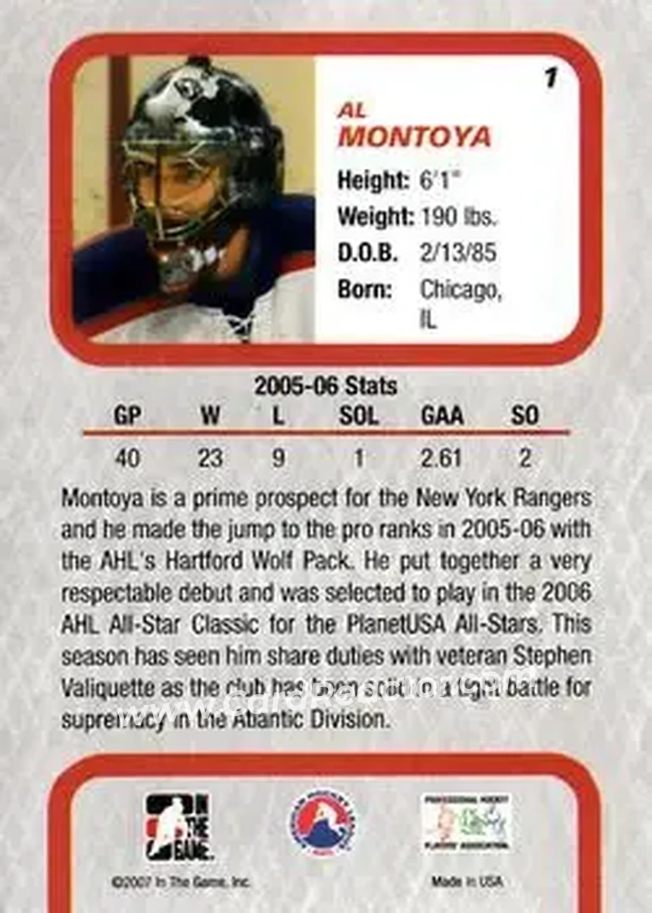 2006-07 In The Game Between The Pipes #1 - Al Montoya - Hartford Wolf Pack - Back
