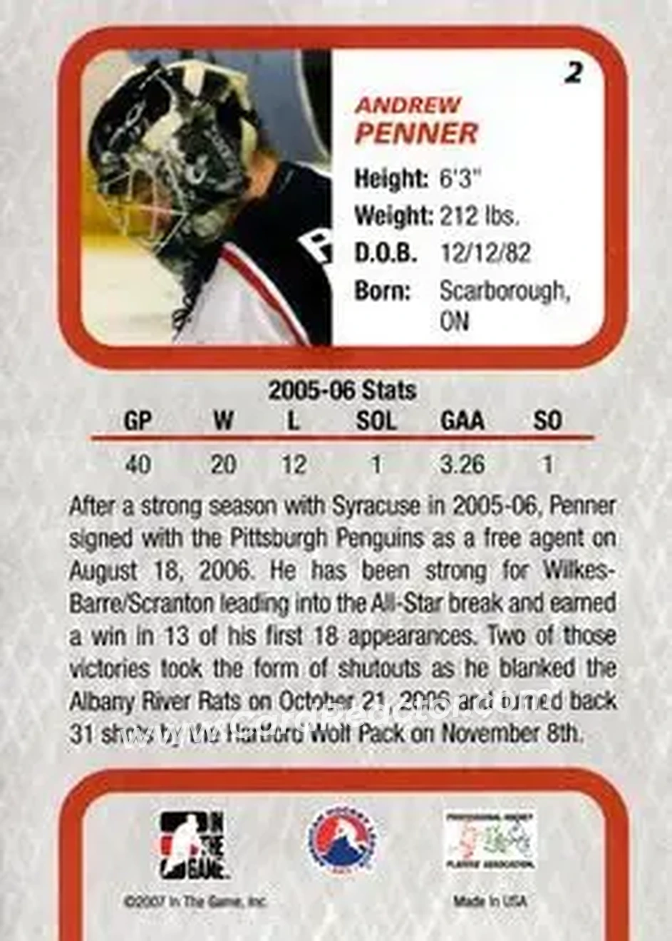 2006-07 In The Game Between The Pipes #2 - Andrew Penner - Wilkes-Barre/Scranton Penguins - Back