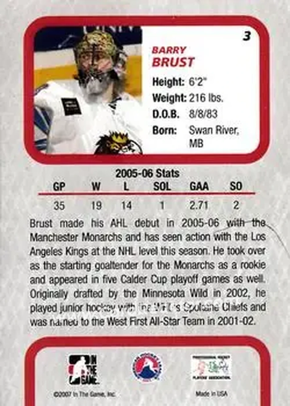 2006-07 In The Game Between The Pipes #3 - Barry Brust - Manchester Monarchs - Back
