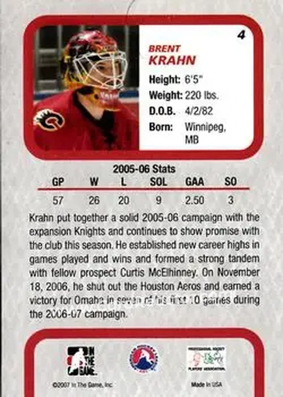2006-07 In The Game Between The Pipes #4 - Brent Krahn - Omaha Ak-Sar-Ben Knights - Back