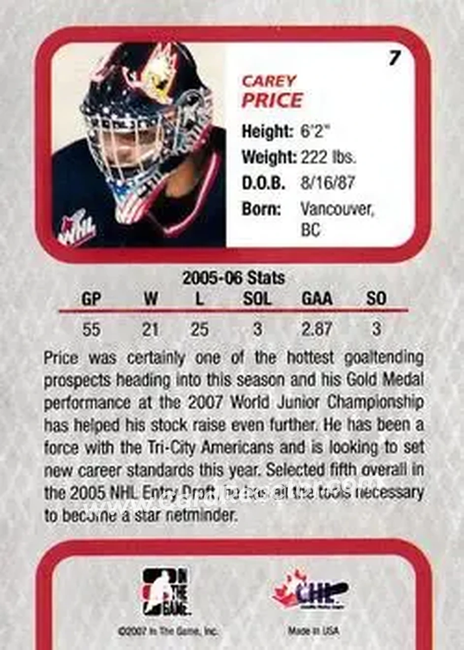 2006-07 In The Game Between The Pipes #7 - Carey Price - Tri-City Americans - Back