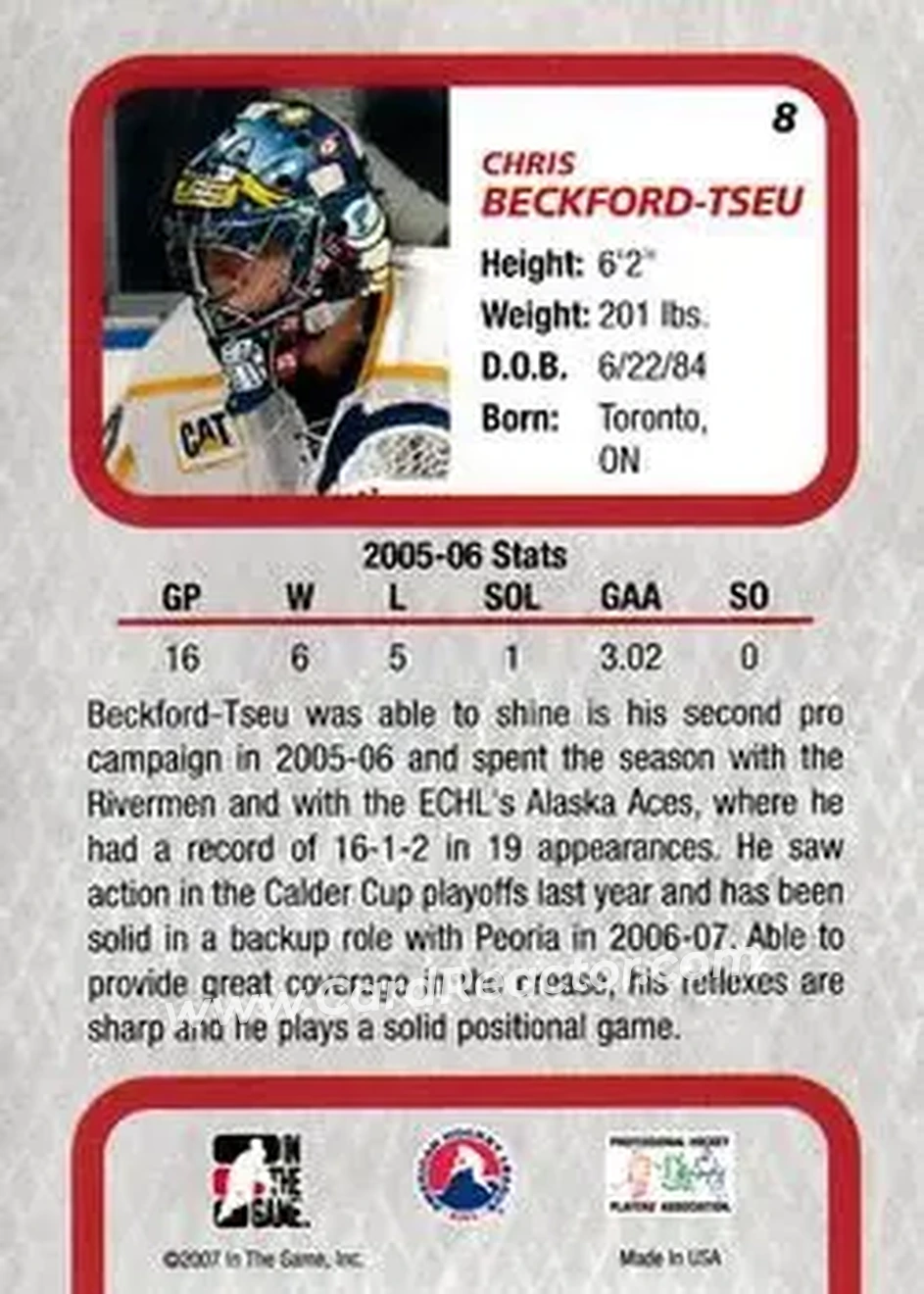 2006-07 In The Game Between The Pipes #8 - Chris Beckford-Tseu - Peoria Rivermen - Back