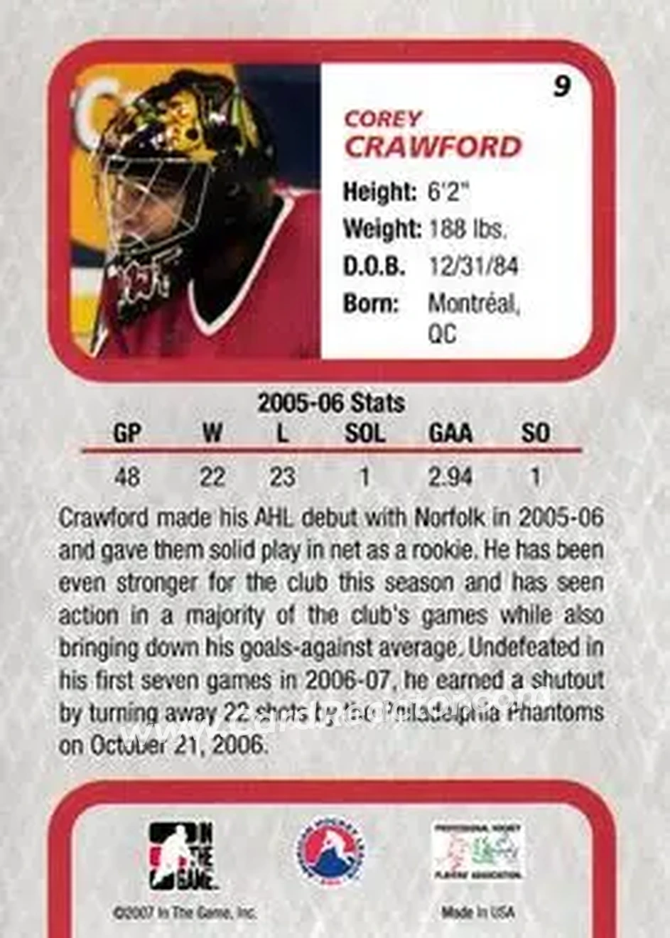 2006-07 In The Game Between The Pipes #9 - Corey Crawford - Norfolk Admirals - Back