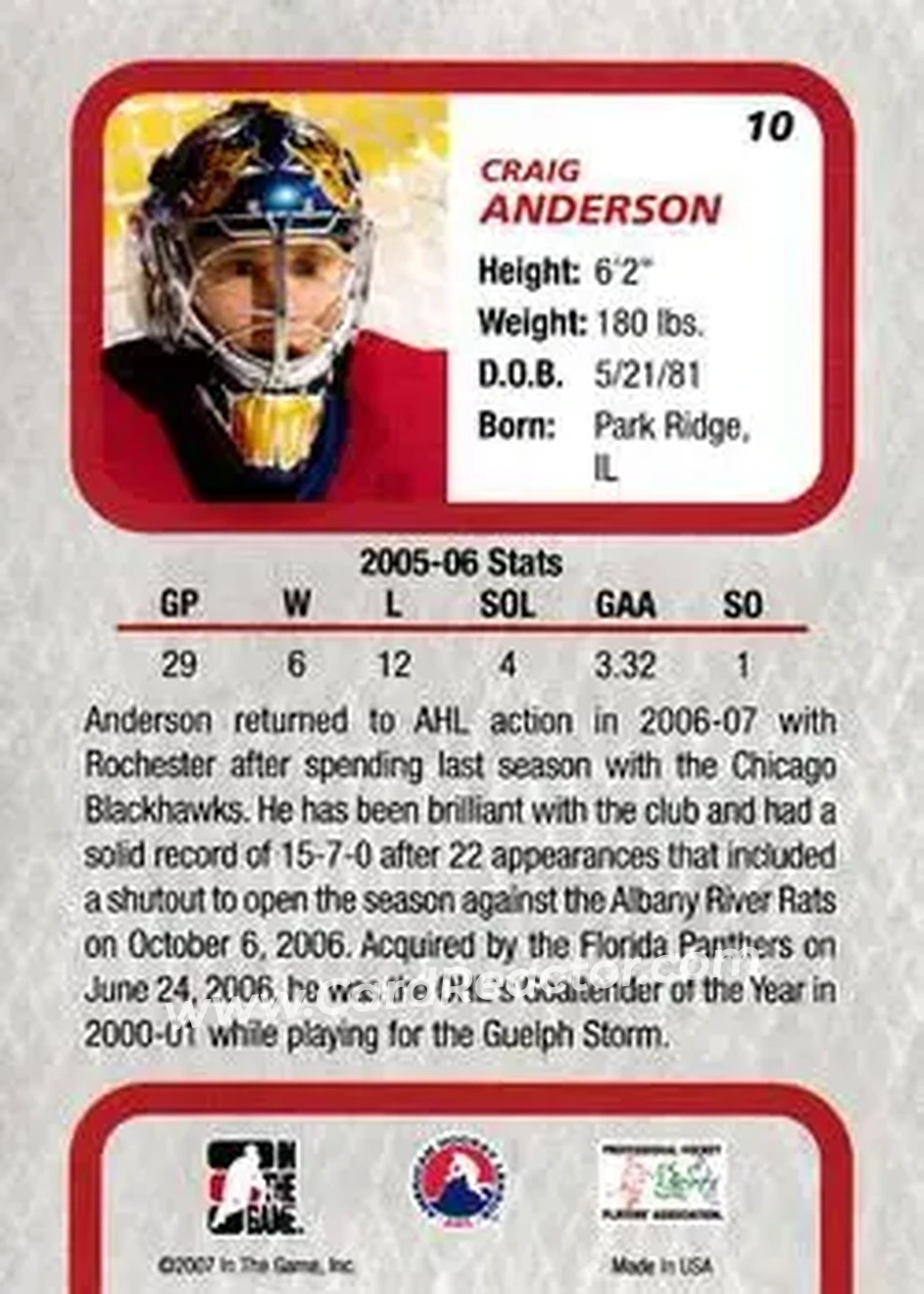 2006-07 In The Game Between The Pipes #10 - Craig Anderson - Rochester Americans - Back