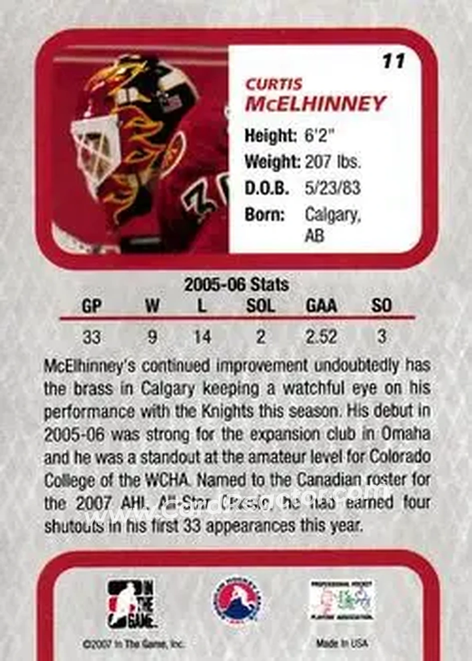 2006-07 In The Game Between The Pipes #11 - Curtis McElhinney - Omaha Ak-Sar-Ben Knights - Back