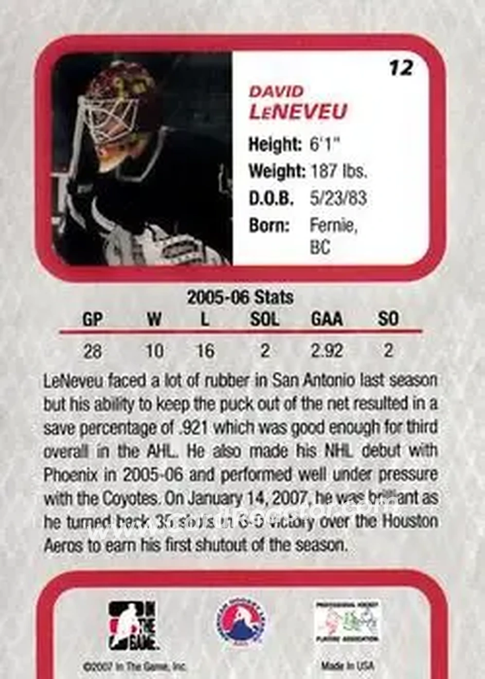 2006-07 In The Game Between The Pipes #12 - David LeNeveu - San Antonio Rampage - Back