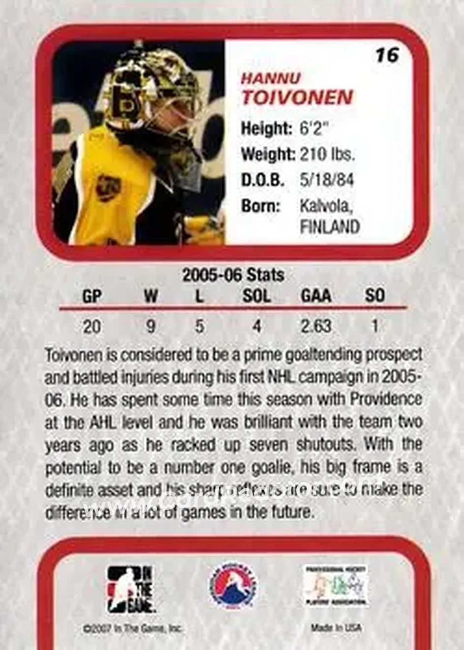 2006-07 In The Game Between The Pipes #16 - Hannu Toivonen - Providence Bruins - Back