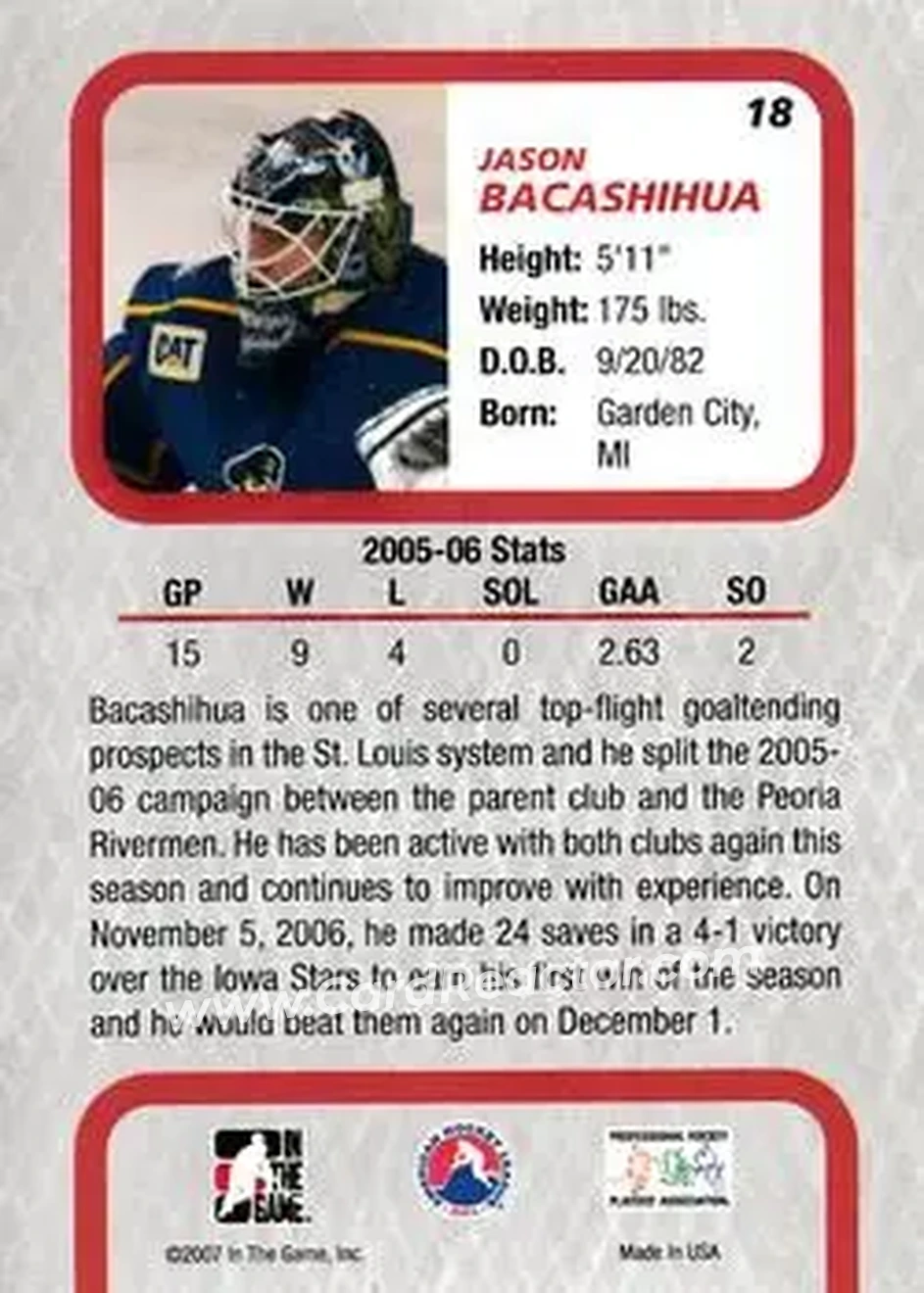 2006-07 In The Game Between The Pipes #18 - Jason Bacashihua - Peoria Rivermen - Back