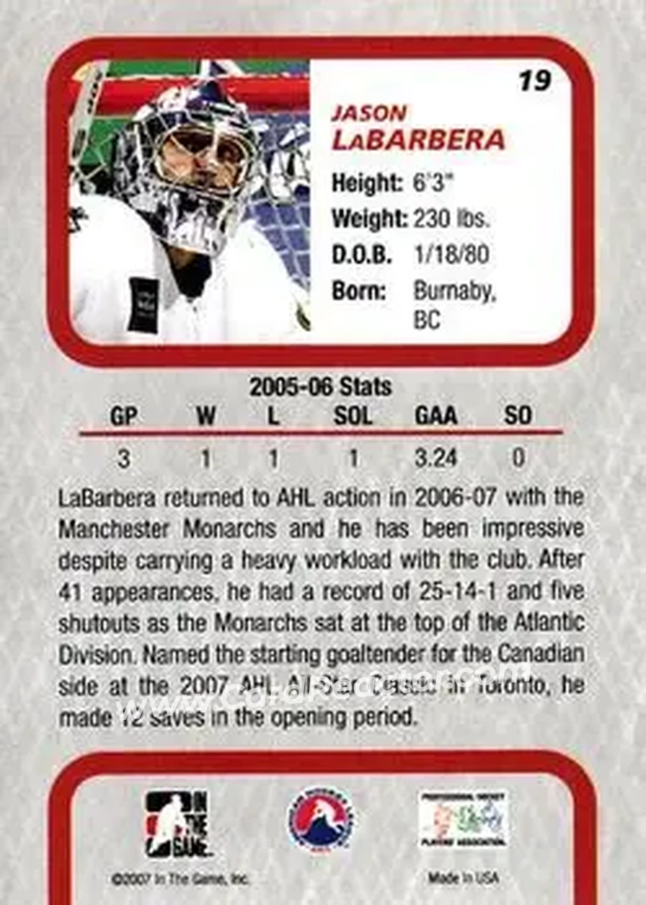 2006-07 In The Game Between The Pipes #19 - Jason LaBarbera - Manchester Monarchs - Back